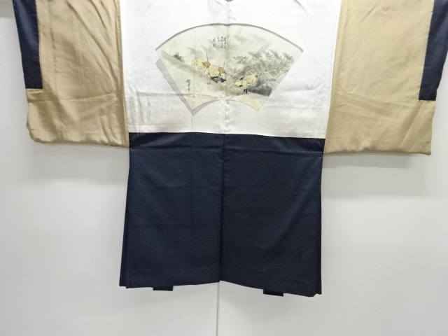 JAPANESE KIMONO / ANTIQUE MENS HAORI / SILK / DORO OSHIMA TSUMUGI / 53 STATIONS OF THE TOKAIDO (lining)